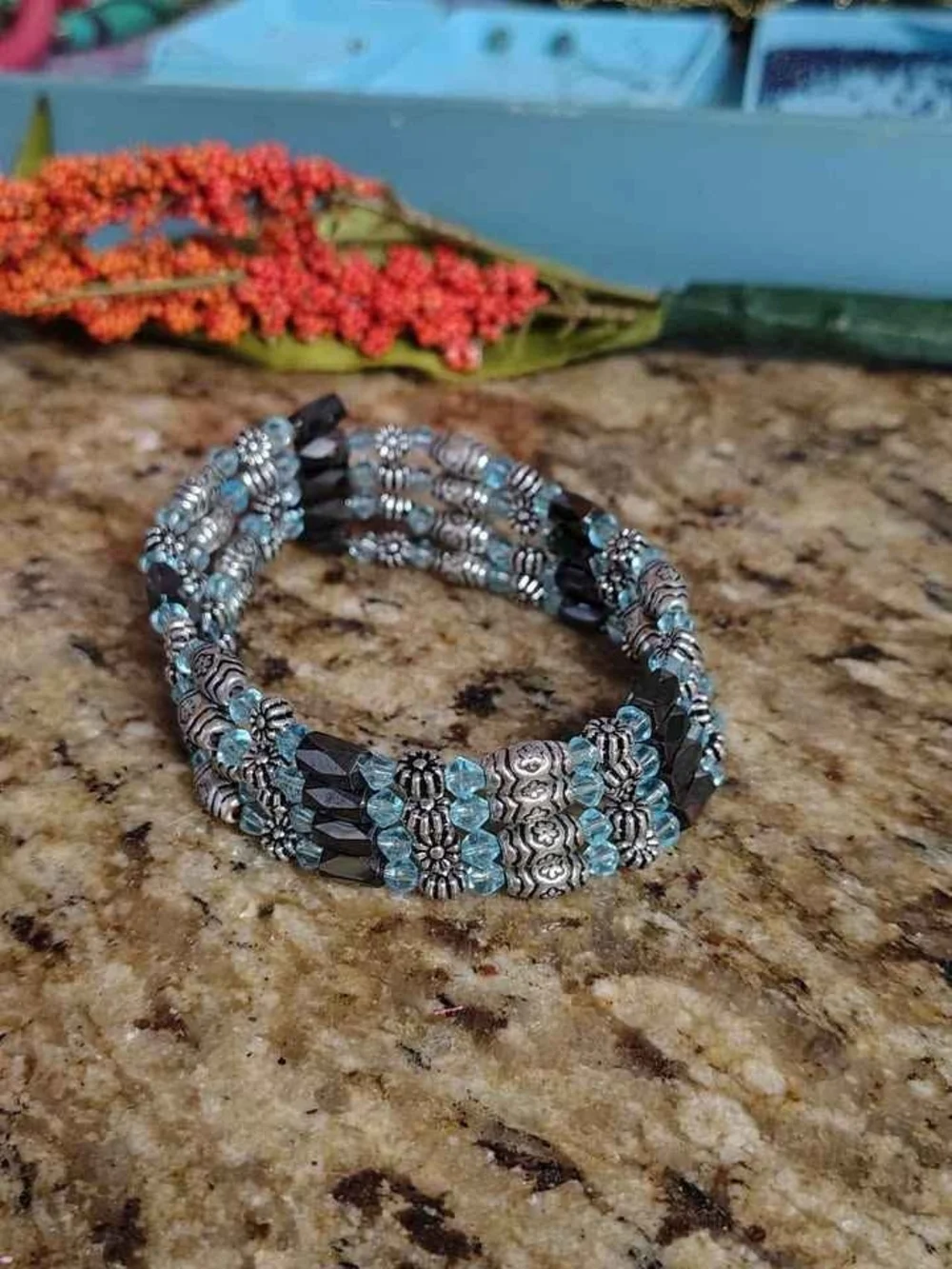 Multi-Strand Blue and Silver Beaded Stretch Bracelet